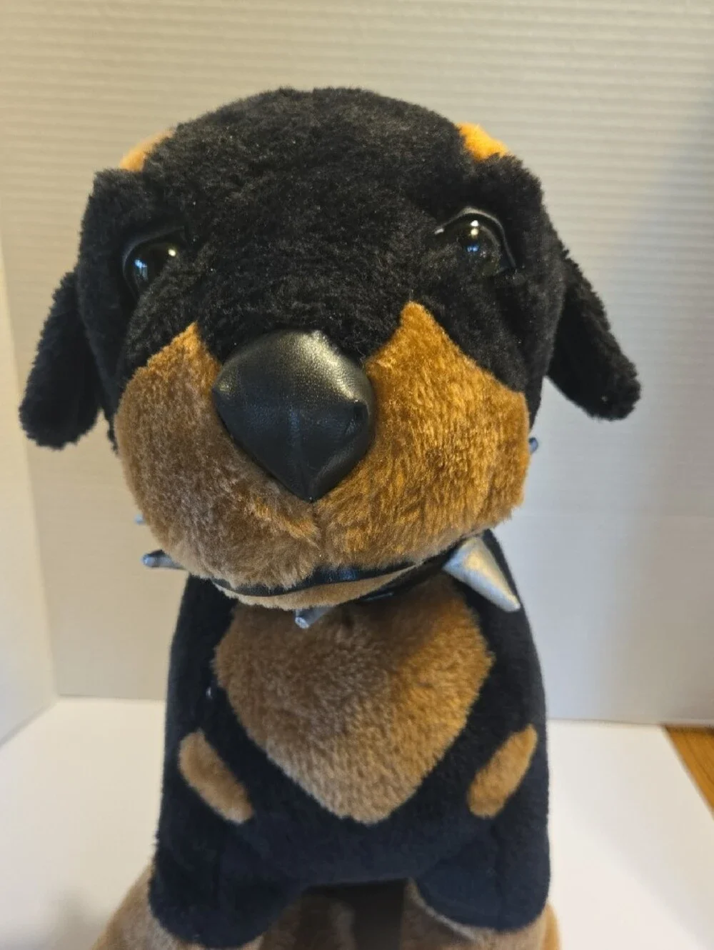Plush Doberman Dog Toy in Black and Brown with Spike Collar